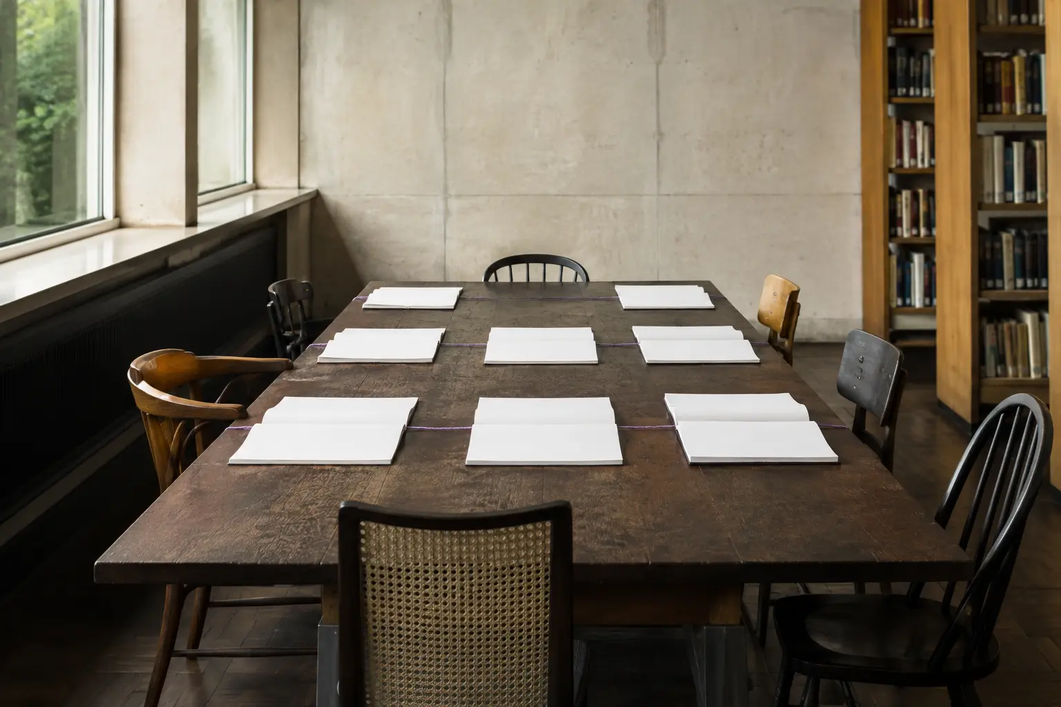 Wide worktable holding many blank agenda cards with generous margins